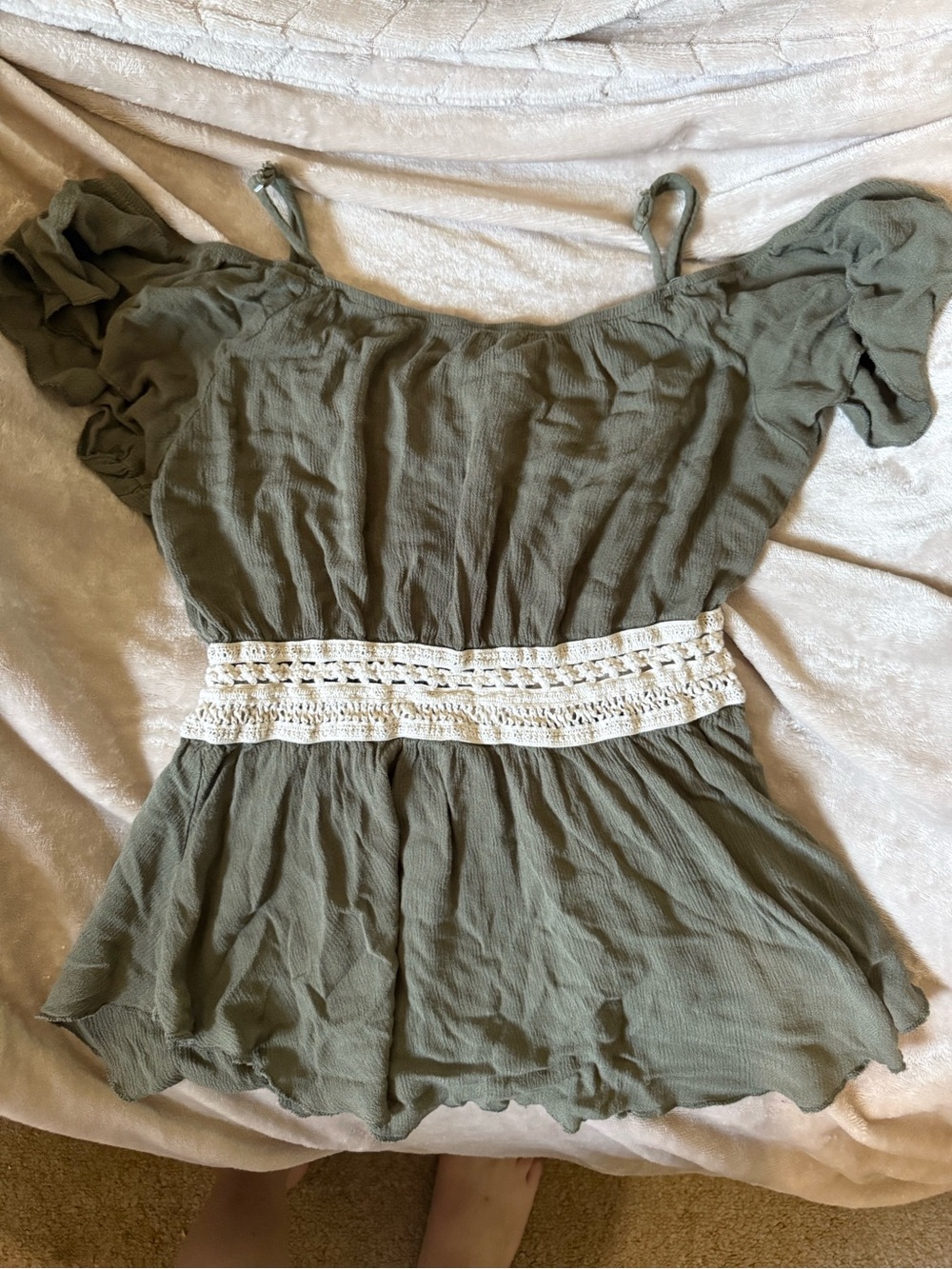 Women’s Olive Green Off-Shoulder Peplum Top with Crochet Waist